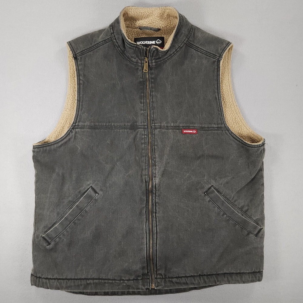 Wolverine Denim Work Vest Jacket Size XL Sherpa Lined Zip Up Mock Neck